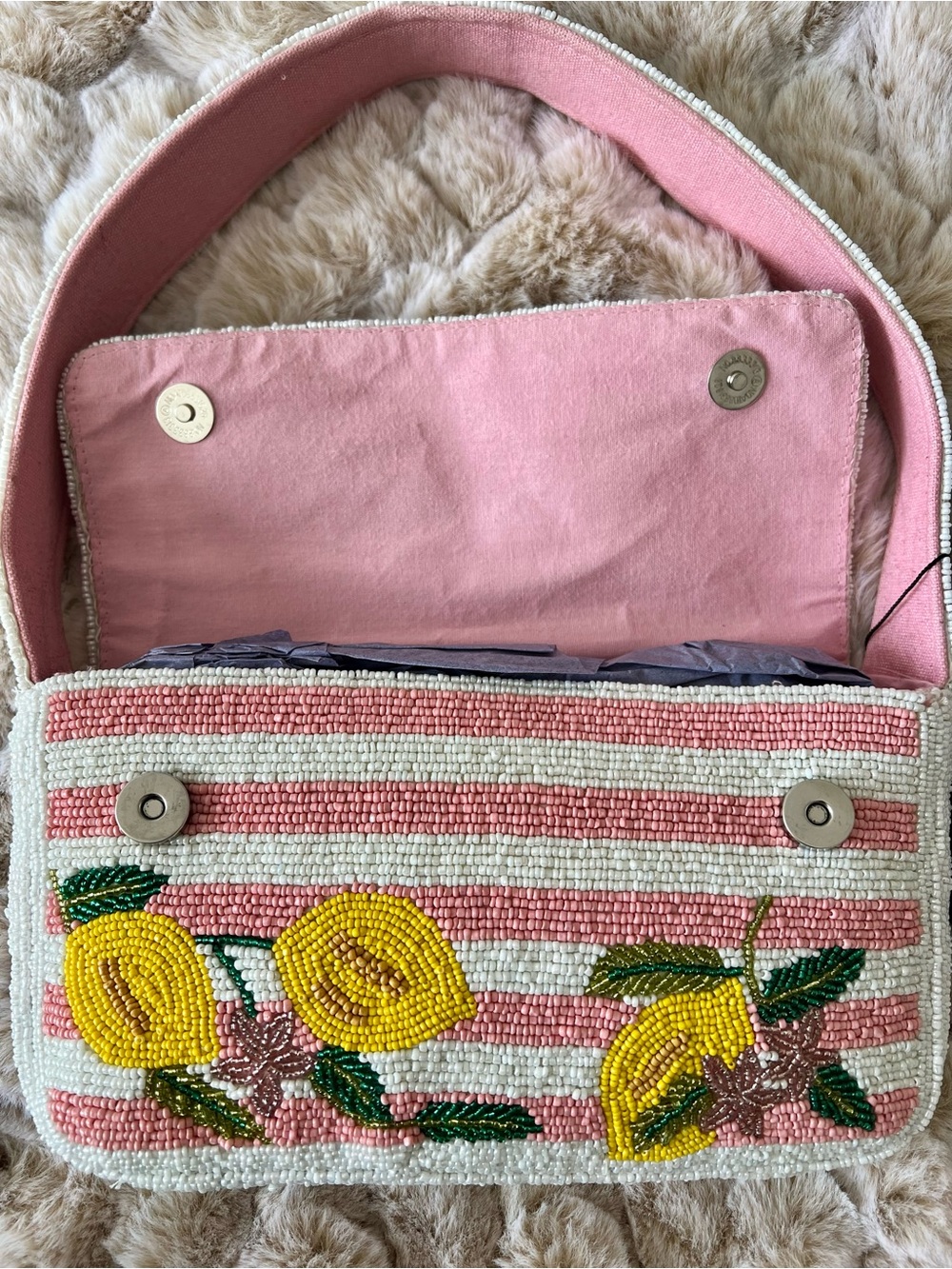 NWT America & Beyond Lemon Beaded Shoulder Bag in Pink, Yellow & White - Picture 6 of 14